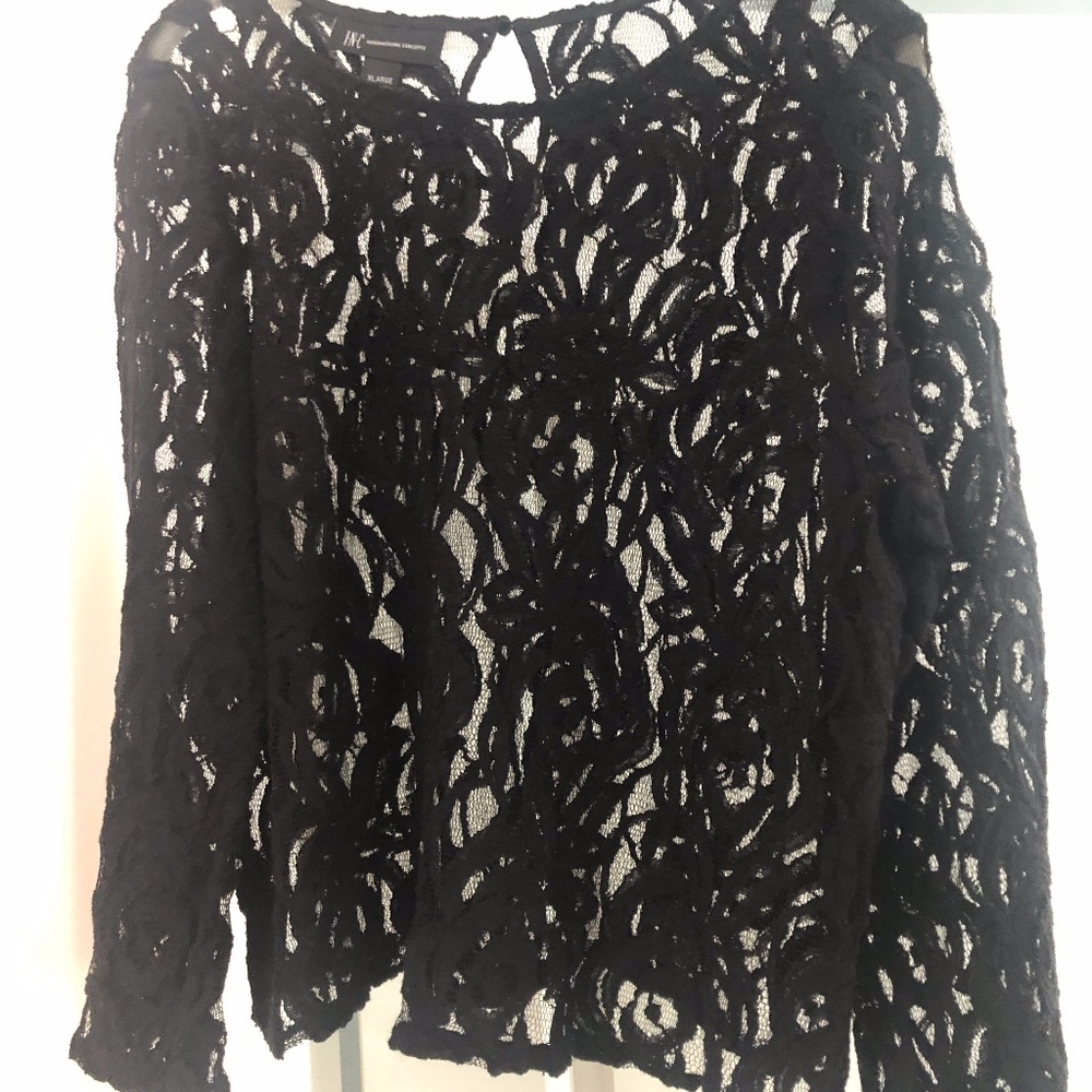 INC Black Lace Dressy Blouse 3/4 Sleeves Size XL